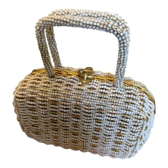 Walborg Handbags - Vintage Walborg White Beaded Handbag with Gold Wire Frame